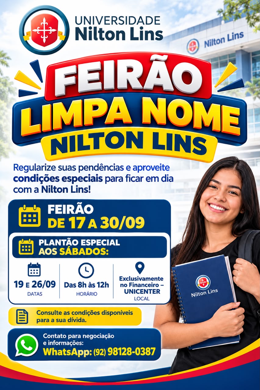 Card oficial do Feirão Limpa Nome Nilton Lins com datas, horário, local e contato